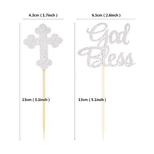 Ercadio Silver Glitter God Bless And Baptism Cupcake Toppers Cross Cupcake Picks Christian Party Decoration Supplies 24 Pcs #TOP1