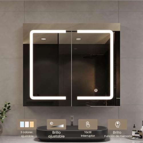 Miniatura 3 de Dictac Armario Con Espejo De Baño Con Iluminación Y Enchufe, Armario De Doble Puerta Con Espejo, 70 X 16 X 60 Cm, Armario Colgante, Espejo De Baño, 3 Temperaturas De Color Regulable, Color Blanco