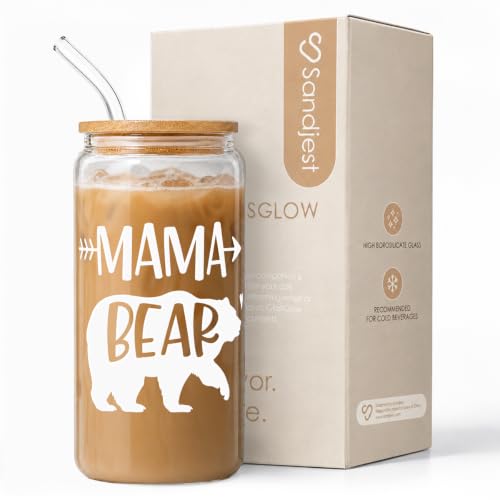 SANDJEST Gifts for Mom from Daughter Son - Mom 16 Oz Can Glass Coffee Cup with Bamboo Lid & Straw...