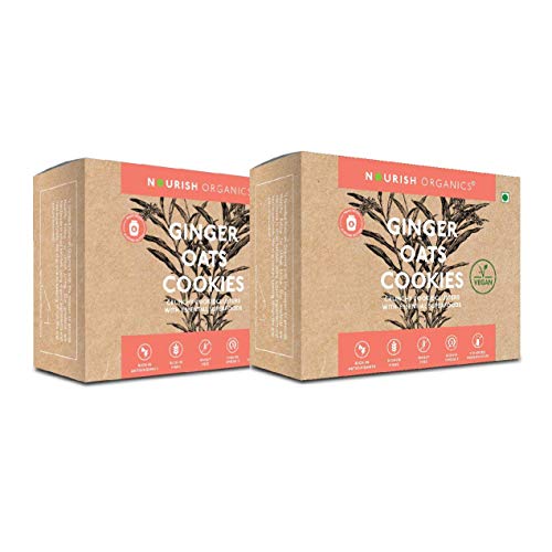 Image of Nourish Organics Ginger Oats Cookies | Wholesome Cookies with Ginger & Oats | Made with Seeds, Almonds & Coconut Jaggery | High Fibre Snack | No Refined Sugar | 120g (Pack of 2)
