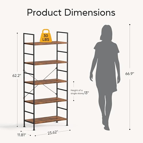Image of HealSmart 5 Tier Bookshelf, Free Standing Book Shelf Home Office Bookcase Shelf Storage Organizer for Bedroom, Living Room, Bathroom, Office, Balcony, Rustic Brown