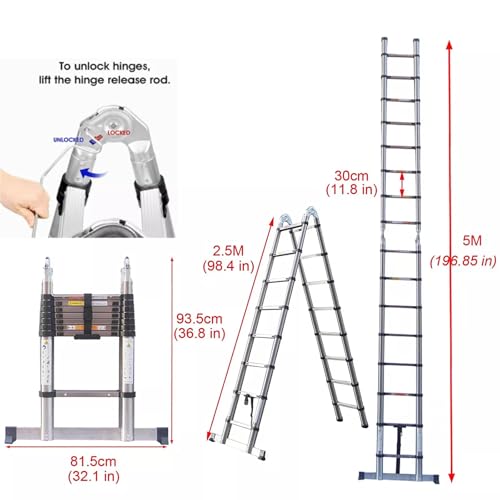 5m Thickened Telescopic Ladder 16.5ft Extendable Ladder Folding A-Frame Ladder Anti Slip with Stabilizer Bar Stainless Steel (2.5M+2.5M), Stronger than others 4 5m Thickened Telescopic Ladder 16.5ft Extendable Ladder Folding A-Frame Ladder Anti Slip with Stabilizer Bar Stainless Steel (2.5M+2.5M), Stronger than others - Image 4