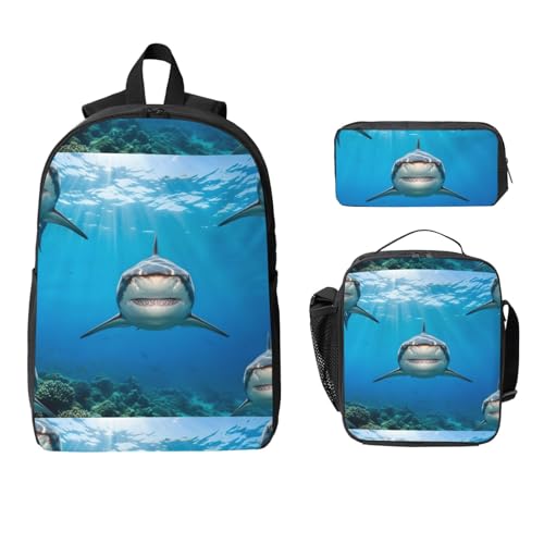 Lightweight Backpack For Unisex Backpack With Insulated Lunch Tote & Pencil Case Set (for Ocean Animals Sea Shark)2
