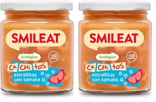Smileat - Tarrito de Ca-Chi-Tos de Estrellitas con Tomate - Ecológico, Sin Azúcar Añadido, Sin Sal, Sin Gluten, Sin Leche, Sin Huevos - Ideal para peques a Partir de 10 Meses - 230g (Paquete de 2)