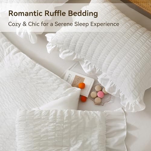 JOLLYVOGUE White Comforter Full Size, 3 Pieces Seersucker Lightweight Full Size Bedding, All Season Fluffy Microfiber Bedding Comforter Set with 1 Ruffle Comforter and 2 Ruffle Pillowshams