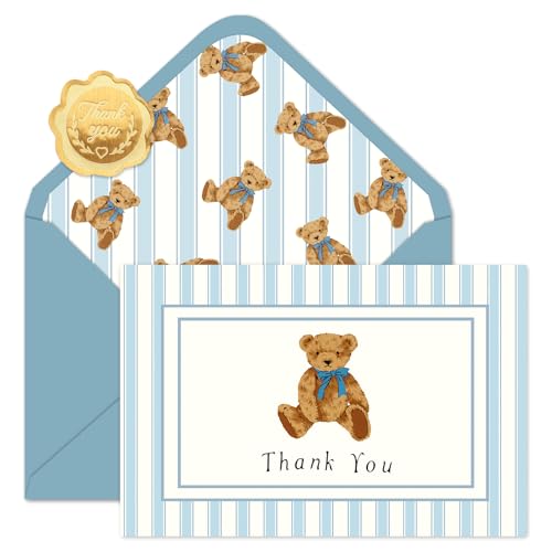 JarThenaAMCS 24 Pack Bear Thank You Cards Blue Stripe Bear Greeting Cards with Envelopes Stickers Cute Blank Note Card for Birthday Baby Shower Party...