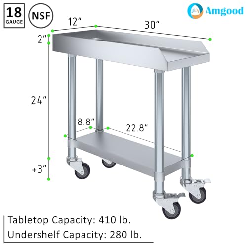 Image of AmGood Stainless Steel Equipment Stand with Undershelf + Casters, Heavy Duty, Commercial Grade, NSF Certified (30 inch Width x 12 inch Length + Casters)