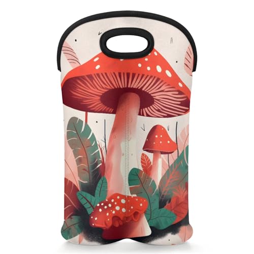 GzLeyigou 2 Bottles Mushroom and Leaves Wine Bag Sleeve Totes Neoprene Protective Wine Carrier Bag for Wine,Water, Champagne, Beer, Baby Bottles,Gift 14.5 x 10 Inches