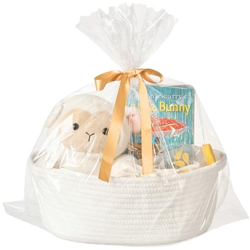 Kodomoore Gift Basket with Wrap Bag and Ribbon, Empty Small Woven Basket for Gift, Cute Decorative Gift Organizer for Baby Showers, Raffle, Valentine‘s, Easter and Mum – 12'x8'x5', White