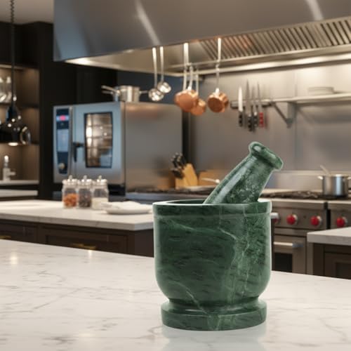 Image of B.R. & Sons Marble Mortar and Pestle Set | Stylish Imam Dasta, Ohkli Musal for Spices & Herbs - Available in Various Shapes & Colors (GREEN, 4x4 Inches)