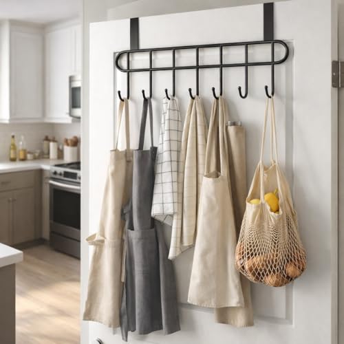 Image of Kundi Multi-Functional Over-the-Door Hook Hanger Rack - Heavy-Duty Steel Wall Hook Organizer with 7 Hooks for Clothes, Towels, Kitchen & Bathroom (Black)