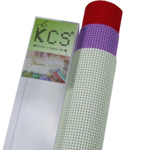 Image of KCS 3 pc of 15 inch x 18 inch(38cmx45cm) 11 Count Cross Stitch Cotton Aida Cloth Needlework Rolled Fabric Box,11CT,Light Green+Lavender+Red