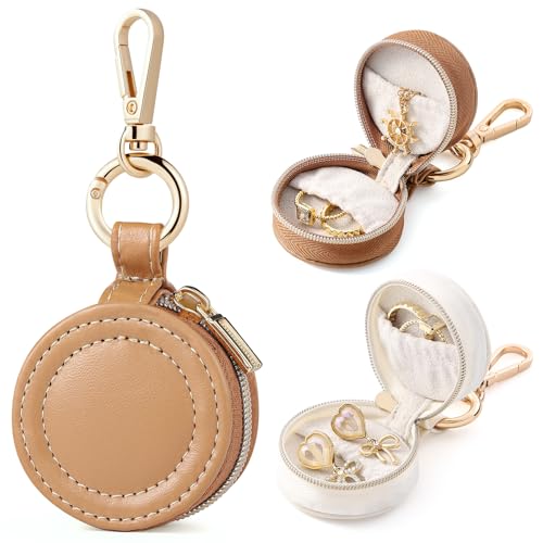 Oranllow 2 Pcs Portable Jewelry Ring Holder Boxs with Keychain Small Jewelry Travel Sports Ring Keeper Case Earring Stud Necklace Storage Organizer Case (White+Khaki)