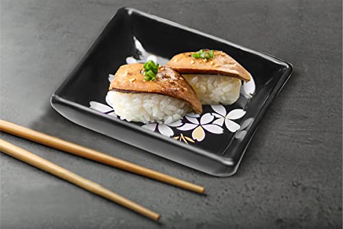 Cinf Ceramic Japanese Cherry Blossom Salad Sauce Rectangular Sushi Dish Set Of 4 Plates Black Snack Bowls Appetizer Seasoning Serving For Kitchen Home #TOP2