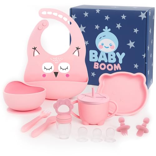 BABY BOOM Vajilla Bebe Silicona 12 Piezas BLW Plato Bol con Ventosa Vaso 2 en 1 Pajita Taza Babero con Bolsillo Cuchara Tenedor Cubiertos de Entrenamiento Alimentador Fruta Tres Tetinas Antideslizante