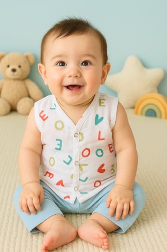 Image of MamaBee Organic Cotton Muslin Button Jabla | Printed Jabla | for Boys & Girls | Soft & Comfortable Baby Products | Sleeveless Vest | Snap Button Jabla | Assorted Pack of 3 | Size - 0-3 Month