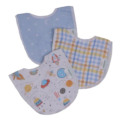 Image of abracadabra Muslin Bibs with Adjustable Snap Button Closure, Super Absorbent, Soft, Comfortable & Lightweight, Set of 3 - Rocketman