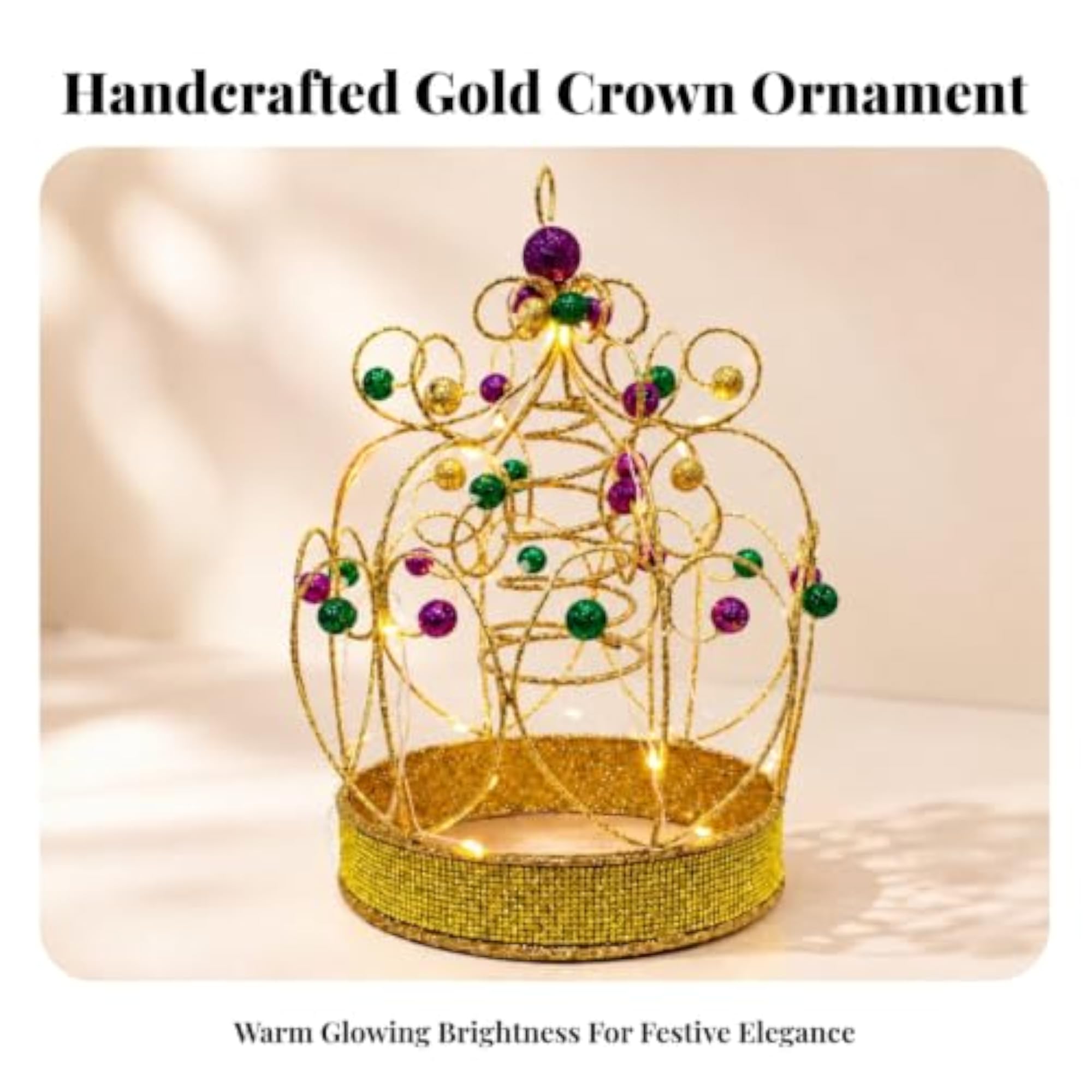 Warm-White Beaded Crown Table Light, Glittering Crown-Shaped Decoration