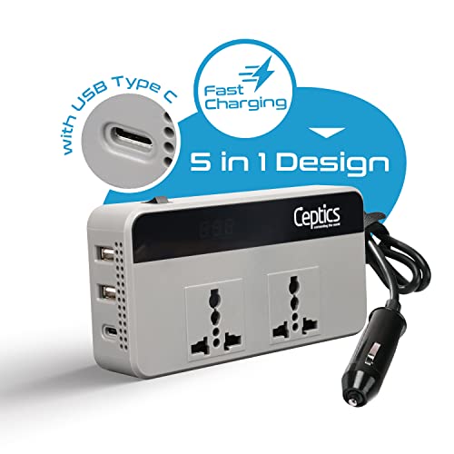 Ceptics-200W-Car-Laptop-ChargerPower-Inverter-with-2-USB31A-Max-1-C-Type1-18W-PD-Smart-USB-Charging-Ports-12V-DC-to-220V-AC-2X-Universal-AC-Outlet-Grey-18-Months-Warranty
