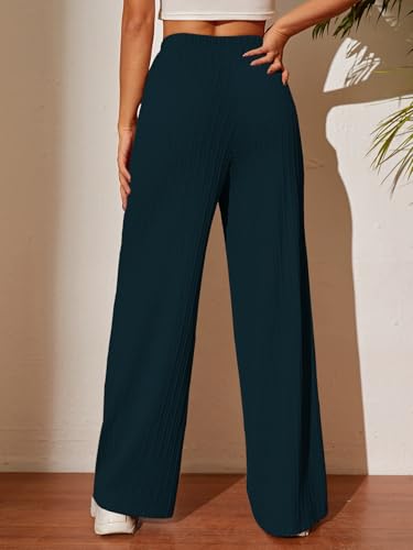 Image of TOPLOT Ribbed Knit Trousers for Woman | High Waist Wide Leg Palazzo Pants with Elastic Waist | Straight Relaxed Fit Casual, Office, Travel & Lounge Wear (5252)