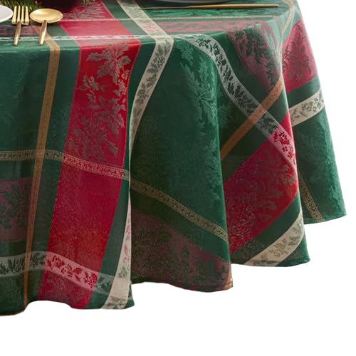 Elrene Home Fashions Merry & Festive Woven Jacquard Christmas Plaid Cotton Blend Holiday Tablecloth, 70