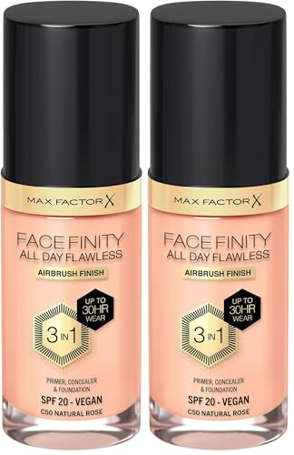 Image of MAX FACTOR - Facefinity All Day Flawless Foundation - 3-in-1 Concealer, Liquid Foundation & Face Primer - Up To 30hr Wear - Flawless Airbrush Finish, SPF 20, Vegan - C50 Natural Rose - 30ml