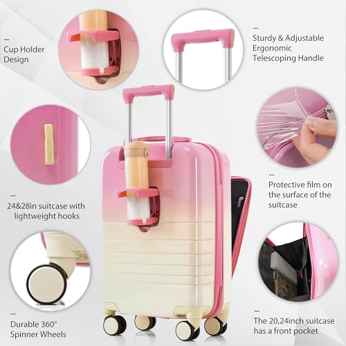 Simplify Travel with 4-Piece Luggage Set, USB Port, Front Opening Design, Airline Certified, Expandable, Pink 7