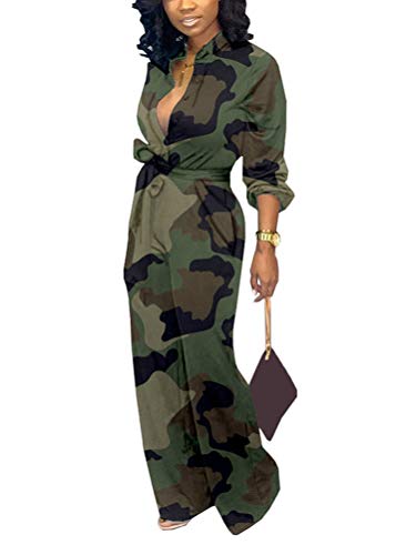 ORANDESIGNE Mono Largo Casual Manga Larga Otoño Camuflaje Pantalones Piernas Anchas Suit Traje Dama Verde 46