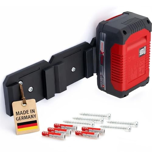Akku Wandhalterung für Einhell 18V Akkus Power X-Change - robuste platzsparende Halterung Aufbewahrung für 3 Akkus 5 Schrauben & 5 Dübel Einfache Montage mit Einrastfunktion [Made in Germay]