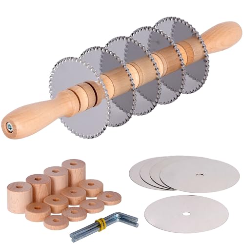 Tagliapasta Rodillo ajustable | Cortador de hojaldre profesional con 5 cuchillas lisas + 5 cuchillas dentadas de acero inoxidable y espaciadores