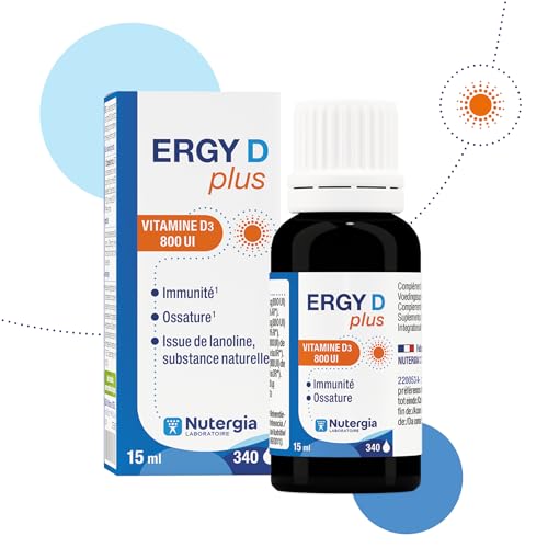 Nutergia – Vitamine D3 800 UI – Défenses immunitaires, ossature et besoin important d’un apport en vitamine D – Complément alimentaire – Flacon compte-gouttes 15 ml – Fabrication Française