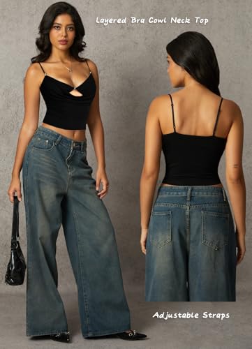 Navneet Women Layered Bra Draped Cowl Neck Tank Top Spaghetti Strap Cut Out Ruched Going Out Crop Cami Top2