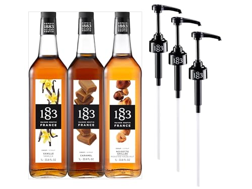 Image of 1883 Vanilla, Caramel, Roasted Hazelnut Syrups with Pumps (Coffeehouse Favorites) for Coffee & Drinks - 1 Liter Glass Bottles (Pack of 3)