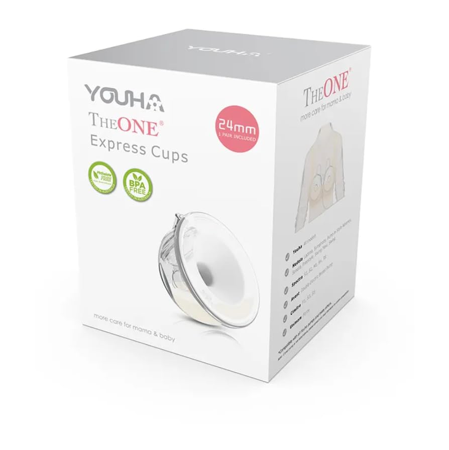 Youha - The ONE - Express Cups PLUS - Manos libres - Compatible con diferentes marcas de bombas - Libre de BPA - 2 tazas de recogida de 240 ml - reductor de escudo de pecho de 22 mm y escudo de pecho