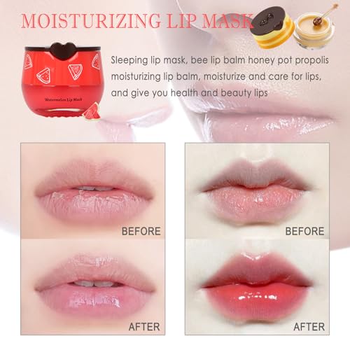 4 PCS Bee Lip Balm Lip Mask Honey Pot, Honey & Strawberry & Watermelon & Apple Lime Lip Sleeping Mask Propolis Moisturizing Lip Balm with Stick, Hydrating Prevention Dry & Cracked - Image 3