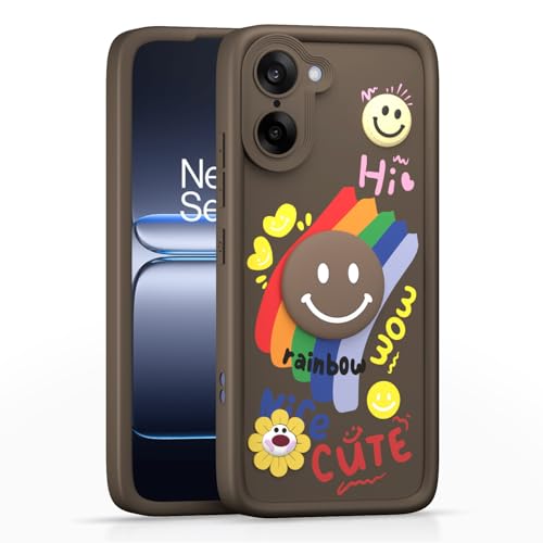 Image of Pikkme Back Cover for Oneplus Nord CE 5 5G | Soft Silicone| Cute Rainbow Smile & 3D Cartoon Flower Design | Shockproof Raised Camera Protection Bumper Case (Brown)