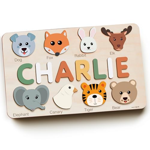 Zuzu Puzzle Handmade Custom Name Puzzle with Animals, Personalized Birthday Gift for Kids, Christmas Gifts for Toddlers, Unique New Baby Gift, Wood Toy, Gifts for One Year Old Girl Boy