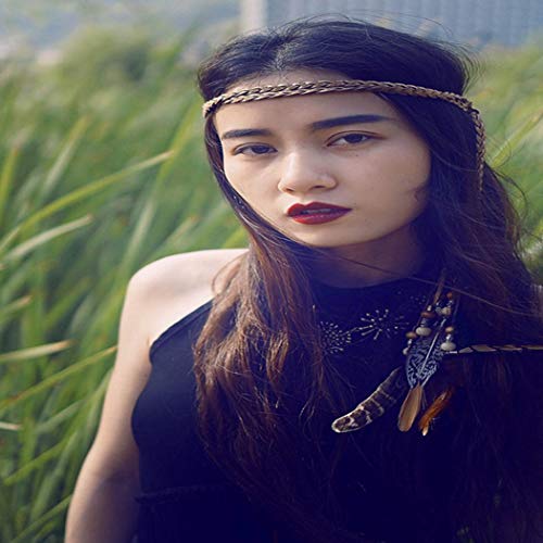 Bmadge Indian Feather Headband Tassel Hemp Rope Boho Hairband Hippie Festival Rave Party Headress Accessory for Women and Girls