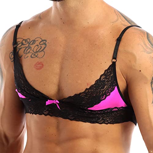 Men's Sissy Lingerie Set Satin Lace Trim Bra Tops with G-String Thong Crossdress Underwear3