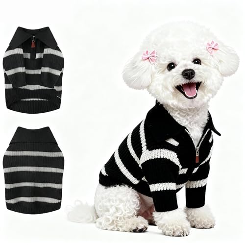 Image of Small Dog Sweater with Zipper, Knitted Striped Pullover Dog Clothes for Cold Weather, Thick Warm Cozy Stretchy Sweater for Chihuahua, Bulldog, Dachshund, Pug(Black & White Strip, M)