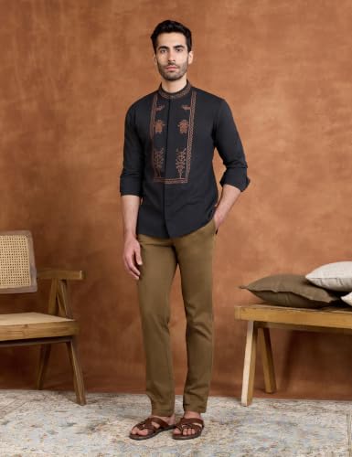 Image of Amazon Brand - Symbol Men's Cotton Blended Full Sleeve Kurta| Regular Fit | Ethnic Motif Embroidery Mandrin Collar| Front Full Open | Available in Plus Sizes