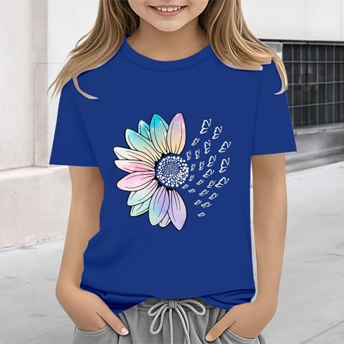 Girls Loose Fit Sunflower Graphic T Shirts Short Sleeve Crewneck Cute Pattern Printed Tops Kids (A-Blue, 4-5 Years)4