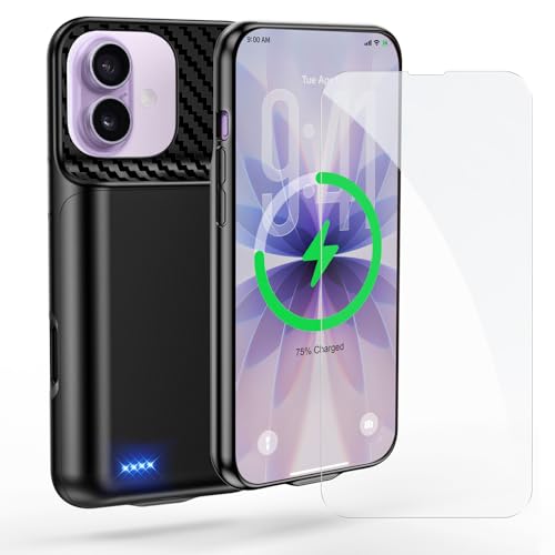 ZIKIHAA Battery Case for iPhone 16 Pro 17 (6.3 inch) 2026 Upgraded High Capacity 13800mAh Battery Pack Rechargeable Charger External Charging Case with Tempered Glass Screen Protector Black