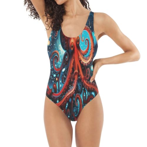 Maillot de bain une pièce pieuvre rouge pour femme élégante et rayonnante à la plage