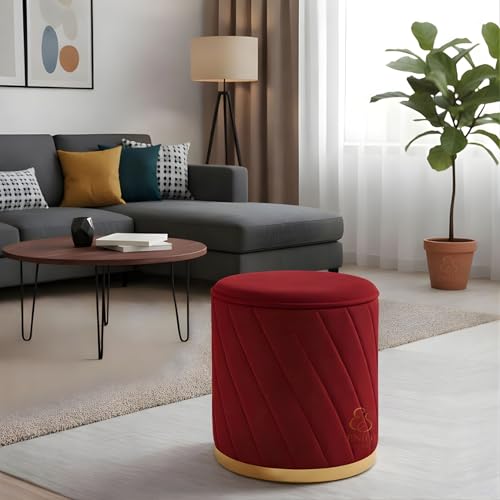 Image of ENIQE STORE Premium Velvet Ottoman Stool | Modern Round Pouffe with Gold Base | Multipurpose Seating | Living Room & Bedroom Decor (Maroon Set of 2)