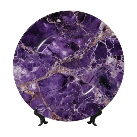 NONHAI 6in Bone China Decorative Plate, Ceramic Dinner Plate with Display Stand, Hanging Ceramic Plates marble purple Porcelain Plate for Home Office Table Decor Plate for Display Ornament Cover