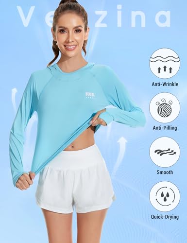 Image of Venzina Women's Slim-Fit Running Hoodie with Reflective Lettering IUPF50+ Quick-Dry Long Sleeve with Thumbholes | for Night Jogging, Yoga & Commute(Size Up)