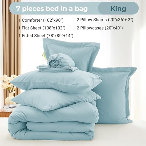 MUXHOMO 7 Pieces King Comforter Set, Soft Bed in a Bag King Size, All Season Bedding Set with Comforter, Flat Sheet, Fitted Sheet, Pillowcases & Shams, Lake Blue