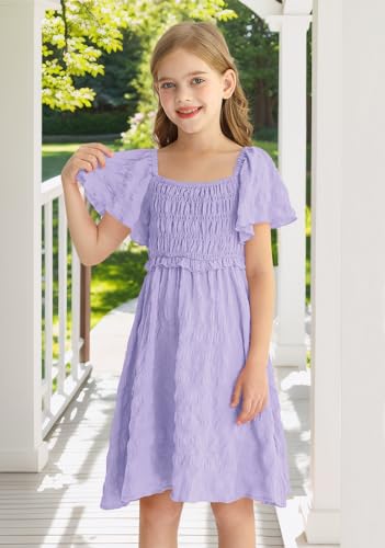 BesserBay Summer Girls Square Neck Smocked Short Sleeve Solid Midi Dress 5-14 Years3