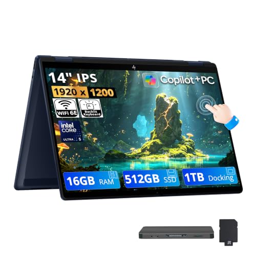 Image of HP OmniBook X Flip 2-in-1 14 inch WUXGA Touch Laptop, Intel Ultra 5 226V, 16GB LPDDR5X, 1.5TB Storage (512GB SSD+1TB Docking Station), Intel Arc 130V GPU 8GB, Backlit Keyboard, Copilot+ PC, Win 11, Blue